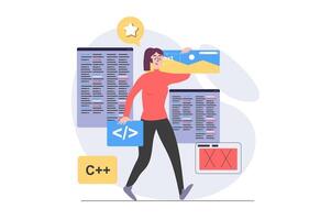 App development concept in modern flat design for web. Woman designer programming and engineering software product, testing and fixing code, placing content at homepage mockup. illustration. vector