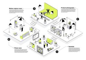 Photo studio 3d isometric concept in outline design for web. People in isometry rooms get picture in photo zone, photographer shooting products, working in motion capture room. illustration. vector