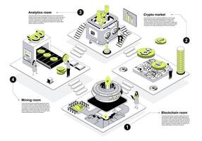 Cryptocurrency market 3d isometric concept in outline design for web. People working in isometry rooms in abstract crypto farms with blockchain technology at bitcoin platform. illustration. vector