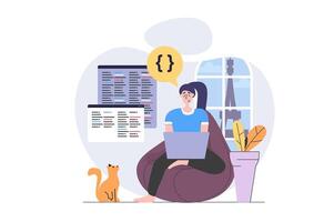 Freelance concept in modern flat design for web. Woman freelancer working online while travelling in new country, doing tasks distantly, engineering and programming in travel. illustration. vector