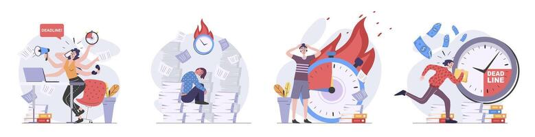 Deadline concept with people scenes set in flat web design. Collection of character situation with employees doing paperwork, hurry to time, office productivity and processes. illustrations. vector