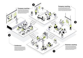 Business training 3d isometric concept in outline design for web. People learning in isometry rooms at company coaching, conference meeting hall, teacher presentation class. illustration. vector