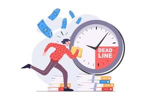 Deadline concept in modern flat design for web. Anxious employee running with documents and trying hurry to time, solving problems and urgent tasks, doing paperwork at work. illustration. vector