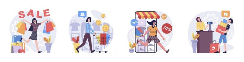 Shopping concept with people scenes set in flat web design. Collection of character situation with women doing purchases at boutiques or store, ordering online at mobile app. illustrations. vector