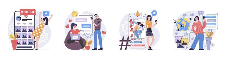 Social network concept with people scenes set in flat web design. Collection of character situation with users connecting online with friends, posting and likes photos, chats. illustrations. vector
