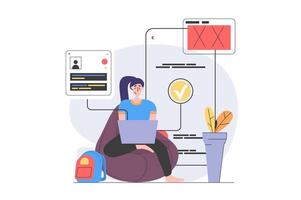 App development concept in modern flat design for web. Woman designer programming at laptop, engineering social media site interface, placing content at homepage mobile mockup. illustration. vector