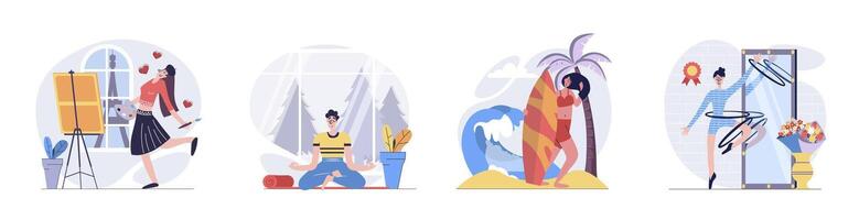 Hobby concept with people scenes set in flat web design. Collection of character situation with man and woman painting art, meditating, surfing and doing gymnastics training. illustrations. vector