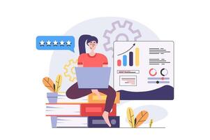 Business activities concept in modern flat design for web. Businesswoman doing financial analytics and marketing research at laptop, analizing charts and graphs, doing paperwork. illustration. vector
