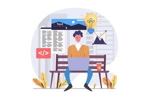 Freelance concept in modern flat design for web. Man freelancer working online and sitting at park bench, brainstorming and programming new product, developing software outdoor. illustration. vector