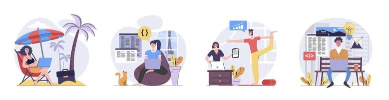 Freelance concept with people scenes set in flat web design. Collection of character situation with freelancers working online while travelling, doing tasks distantly and relax. illustrations. vector