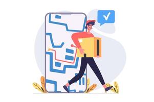 Delivery concept in modern flat design for web. Man courier shipping parcel box and distributing orders to client at home with online route tracking service in mobile application. illustration. vector