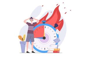 Deadline concept in modern flat design for web. Overworked employee trying hurry to time and doing many tasks, solving urgency problems and getting stress and burnout at work. illustration. vector