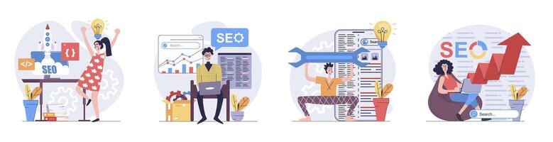 SEO optimization concept with people scenes set in flat web design. Collection of character situation with site graph and internet traffic page analysis, engine search settings. illustrations. vector