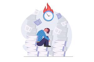 Deadline concept in modern flat design for web. Overworked employee doing paperwork and getting many tasks, trying hurry to time, getting stress, burnout at work and job anxious. illustration. vector
