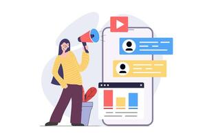 Digital marketing concept in modern flat design for web. Woman with megaphone making promotion for audience in mobile social media app, analyzing data and campaign analytics. illustration. vector