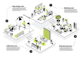 Designer studio 3d isometric concept in outline design for web. People working at marketing, creating and brainstorming isometry rooms, relaxing at coffee break space. illustration. vector