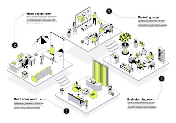 Designer studio 3d isometric concept in outline design for web. People working at marketing, creating and brainstorming isometry rooms, relaxing at coffee break space. illustration.