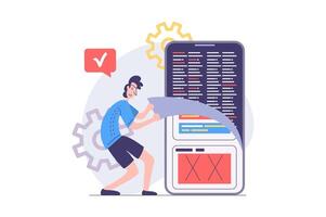 App development concept in modern flat design for web. Man designer programming mobile software, engineering new product, testing and fixing wireframe interface, placing content. illustration. vector