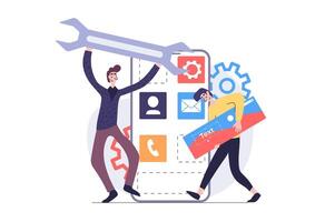 App development concept in modern flat design for web. Designer team programming and engineering mobile interface, placing content at mockup, make settings and building page. illustration. vector