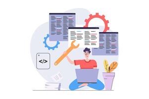 Development and programming concept in modern flat design for web. Programmer working at laptop and creating software code on screens, fixing bugs and making system maintenance. illustration. vector