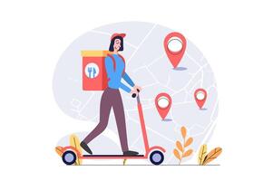 Delivery concept in modern flat design for web. Woman courier riding kick scooter and shipping food in bag, distributing orders to happy client at home with online tracking. illustration. vector