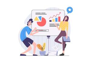Business activities concept in modern flat design for web. Colleague businessman and businesswoman doing presentation with financial analytics, discussing tasks at work meeting. illustration. vector