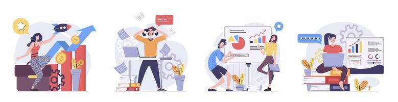 Business activities concept with people scenes set in flat web design. Collection of character situation with entrepreneurs doing strategy analysis, planning, startup develop. illustrations. vector