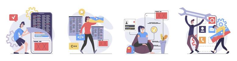 App development concept with people scenes set in flat web design. Collection of character situation with programming mobile software, testing and fixing interface product. illustrations. vector