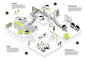 Waste management 3d isometric concept in outline design for web. People working in isometry office and factory rooms, collect and sorting trash, recycling garbage and control. illustration. vector