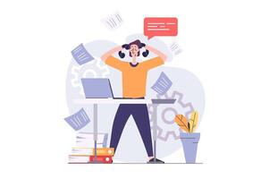 Business activities concept in modern flat design for web. Overworked businessman doing paperwork analysis in office, getting challenge at workplace and working with documents. illustration. vector