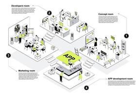 Development company 3d isometric concept in outline design for web. People working in isometry rooms work at brainstorming, programming and marketing departments at agency office. illustration. vector