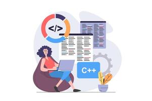 Development and programming concept in modern flat design for web. Woman developer working at laptop and coding on screens, fixing bugs, making maintenance and optimization. illustration. vector