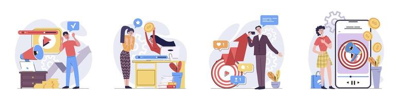 marketing concept with people scenes set in flat web design. Collection of character situation with creating advertising content, posting online, follow analytics. illustrations. vector