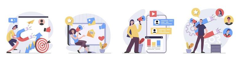 Digital marketing concept with people scenes set in flat web design. Collection of character situation with online promotion tools, target audience, social media advertisement. illustrations. vector