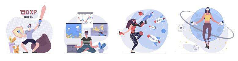 Virtual reality concept with people scenes set in flat web design. Collection of character situation with users in VR headsets paying games or doing work at interactive screens. illustrations. vector