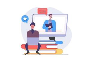 Back to school concept in modern flat design for web. Student learning online and watching lessons, training distantly at laptop, studying at e-learning programs or courses. illustration. vector