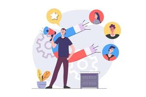 Digital marketing concept in modern flat design for web. Man with megaphone and magnet attracting new followers and customers, promoting online, making advertising campaign. illustration. vector