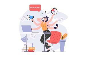 Multitasking concept in modern flat design for web. Woman employee doing paperwork and trying hurry to time, getting many tasks, making processes organization with hour timeline. illustration. vector