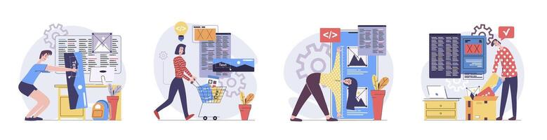 Web development concept with people scenes set in flat design. Collection of character situation with developers creating and programming wireframe app interfaces with content. illustrations. vector