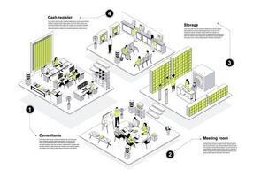 Bank 3d isometric concept in outline design for web. People working in isometry rooms, consultants office, clients meeting, cash register hall and safe storage service interiors. illustration. vector