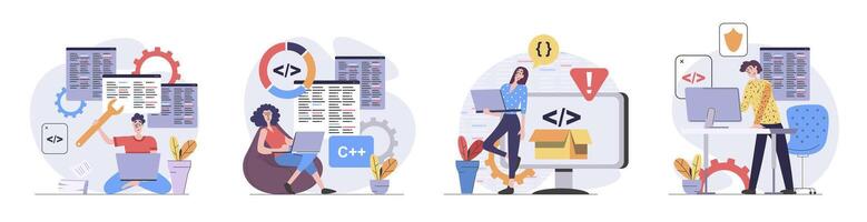 Development and programming concept with people scenes set in flat web design. Collection of character situation with programmers working and creating software code on screens. illustrations. vector