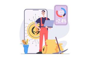 Cryptocurrency mining concept in modern flat design for web. Man miner with pick gets different crypto money at digital wallet, analyzing stock data, selling coins at marketplace. illustration. vector