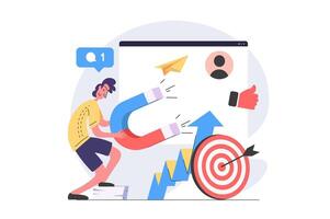 Digital marketing concept in modern flat design for web. Man with magnet using online promotion tools for targeting new audience, making social media advertisement with content. illustration. vector
