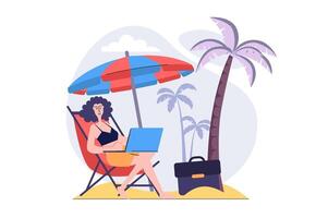 Freelance concept in modern flat design for web. Woman freelancer working online while sitting at armchair at tropical beach resort, doing tasks distantly, relaxing at vacation. illustration. vector