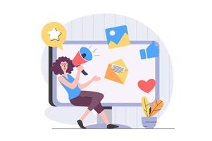 Digital marketing concept in modern flat design for web. Woman with megaphone making announcement and promotion for audience, making social media advertisement and email mailing. illustration. vector