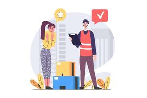 Delivery concept in modern flat design for web. Courier with clipboard shipping parcel boxes and distributing orders to happy client at home. Fast shipment and postal logistics. illustration. vector