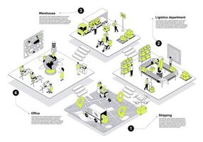 Delivery company 3d isometric concept in outline design for web. People working in isometry rooms in office, shipping and logistics departments, loading parcels in warehouse. illustration. vector