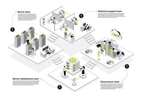 Data center 3d isometric concept in outline design for web. People working in isometry rooms in technical support rooms, server maintenance and cloud processing departments. illustration. vector