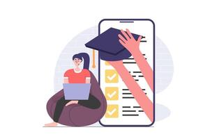 Back to school concept in modern flat design for web. Student learning online and studying distantly at laptop, passes exam in mobile application and getting graduation cap. illustration. vector