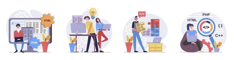 Programmers concept with people scenes set in flat web design. Collection of character situation with developers working with code, creating programs, engineering new software. illustrations. vector
